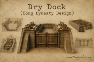 A Song Dynasty dry dock with a sturdy gate and staircases, showcasing ancient shipbuilding infrastructure.