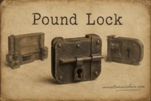 A historical illustration of a pound lock, showing its wooden structure and mechanism used for raising and lowering boats.