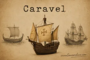 A detailed illustration of a caravel, an early Portuguese ship used during the Age of Discoveries.