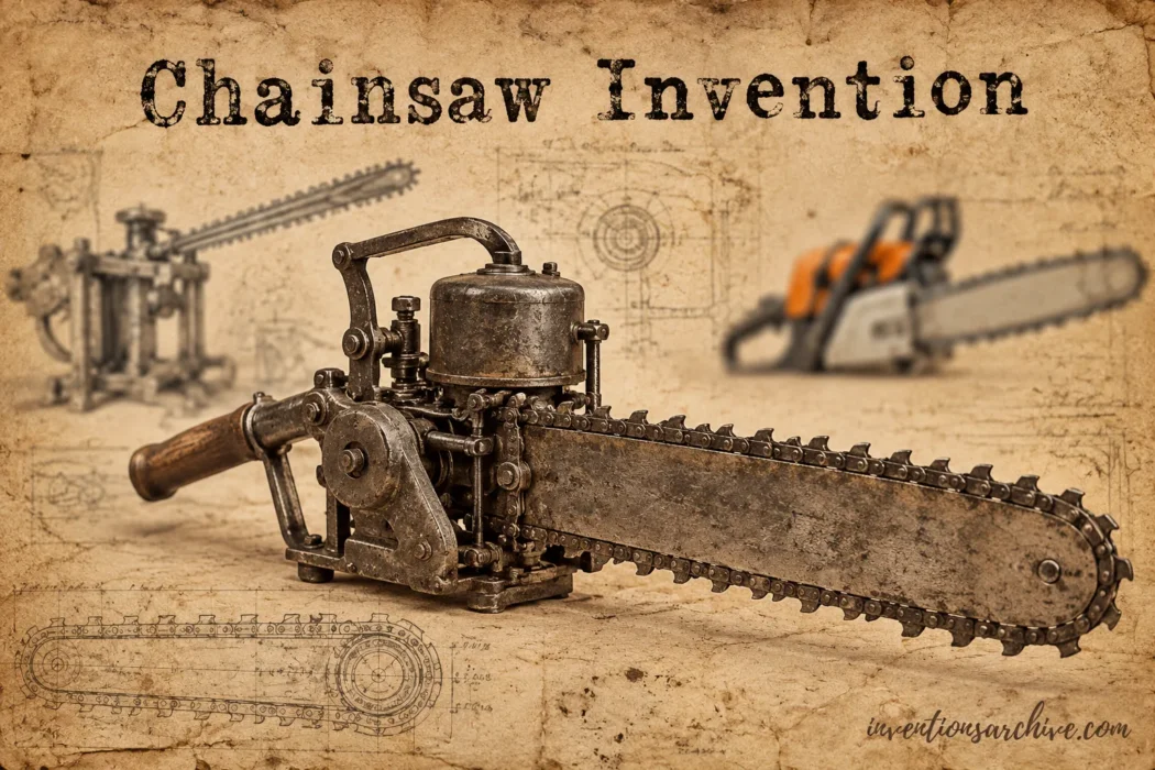 Early image of the chainsaw invention showing its initial mechanical design and purpose.