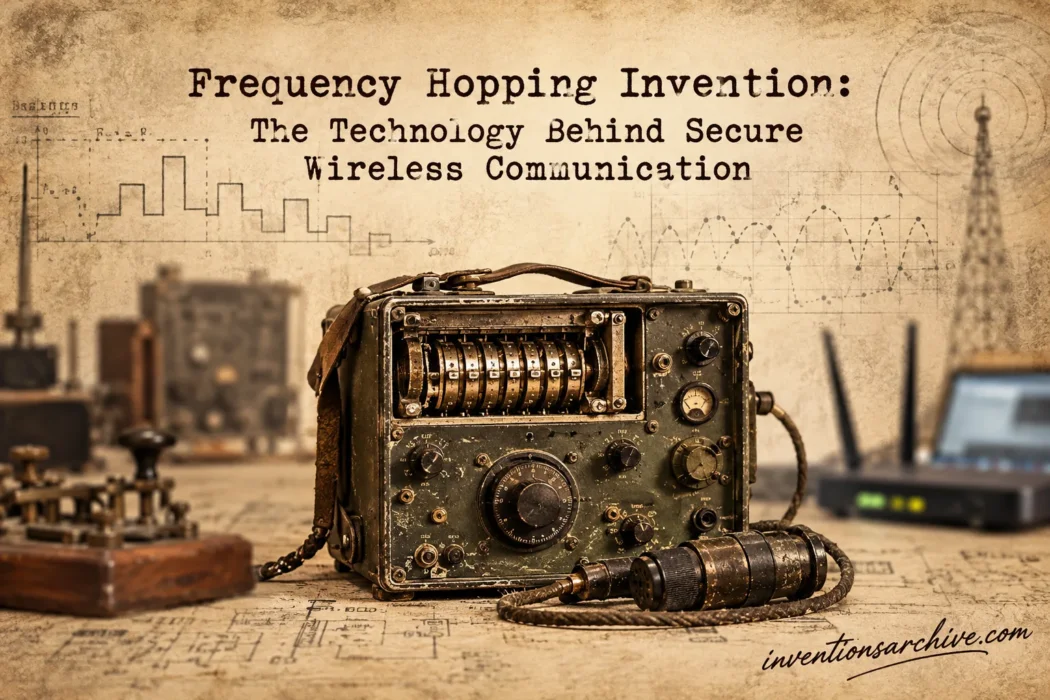 An invention showcasing frequency hopping technology used for secure wireless communication in a vintage radio device.