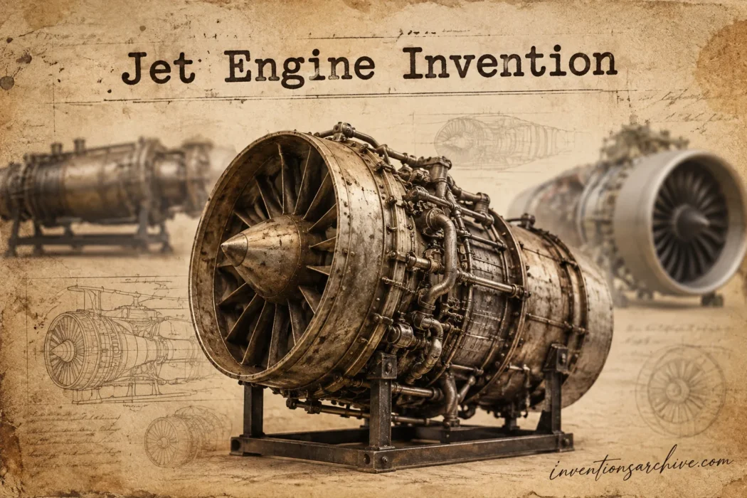 Jet engine invention illustration showing early engine design with labeled parts and vintage style.