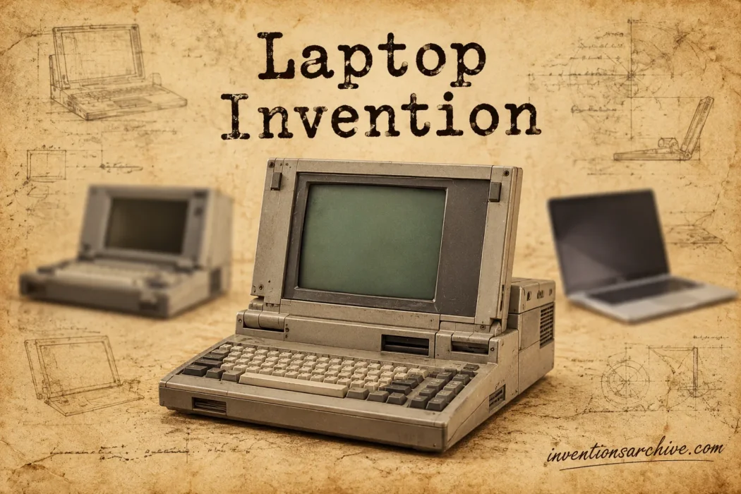 Laptop invention shows the first portable computer with a screen, keyboard, and built-in components from early innovations.