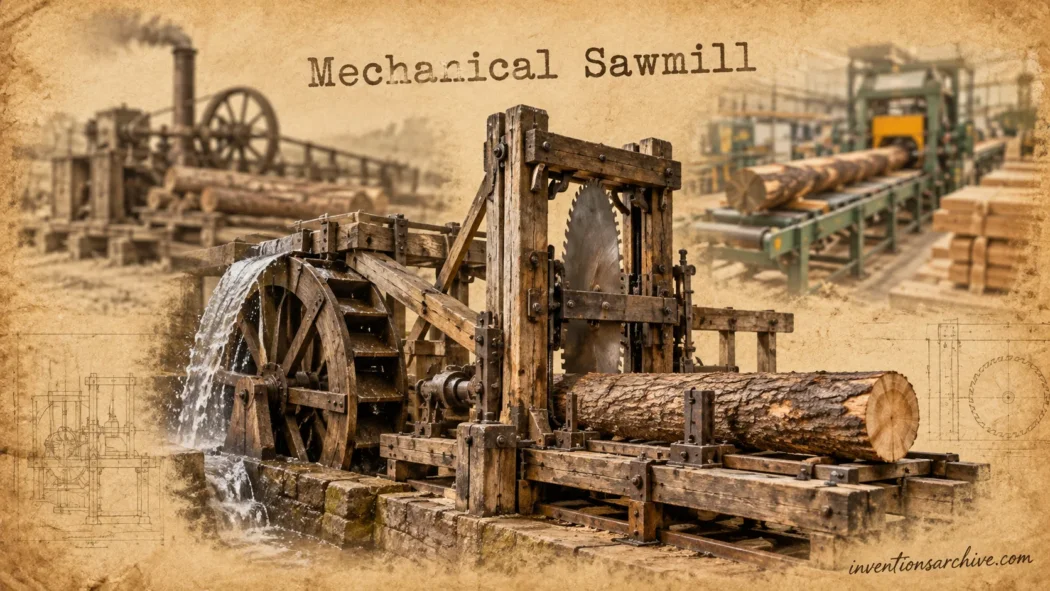 Mechanical sawmill with large saw blades and wooden logs, showcasing an invention for efficient wood processing.