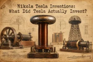 Tesla coil, one of Nikola Tesla's inventions, is shown with components demonstrating its role in wireless energy transfer.