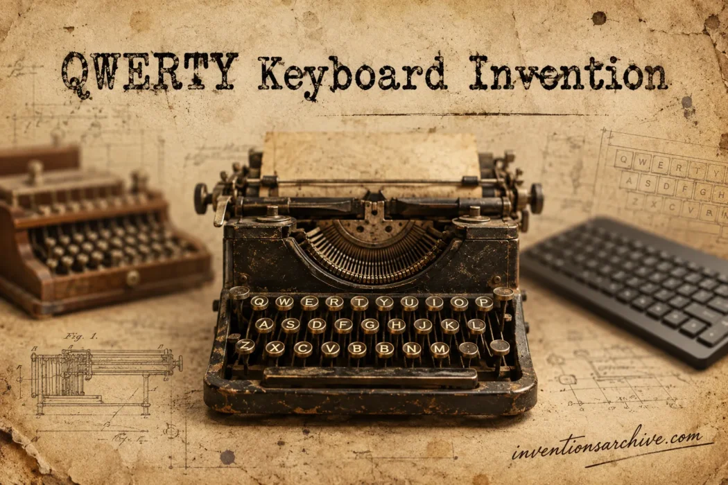 QWERTY keyboard invention shows an early typewriter with keys arranged in the QWERTY layout.