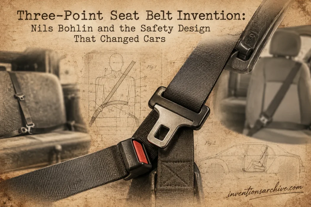 Close-up of a three-point seat belt invention by Nils Bohlin showing the safety buckle and strap mechanism.